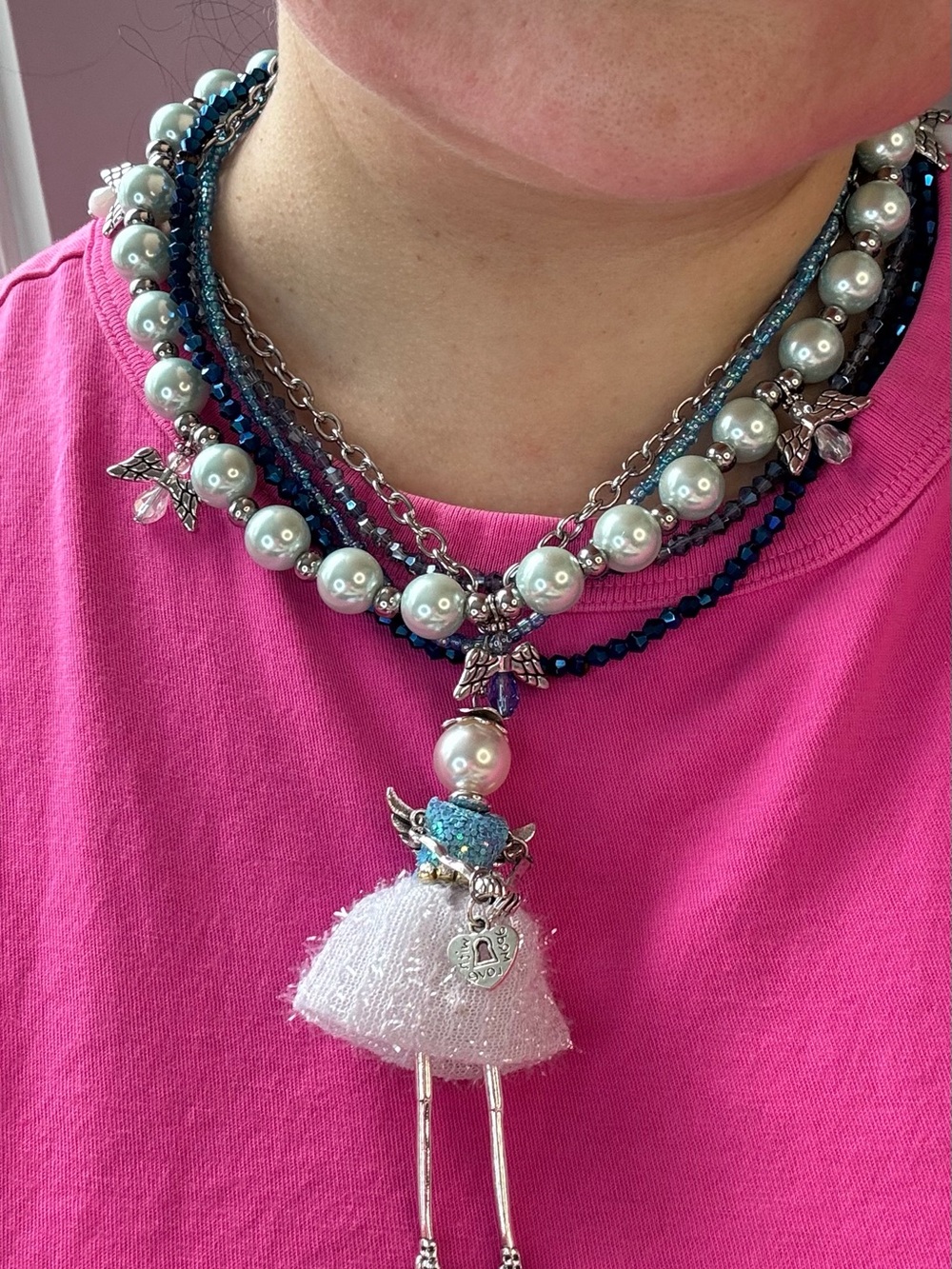 Blue Pearl Multi-Strand Angel Pendant Necklace